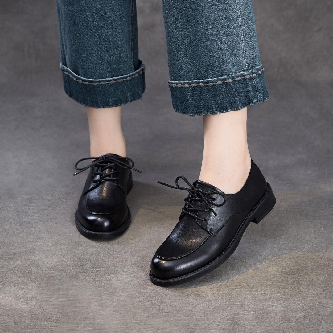 Women's Genuine Leather Oxford Shoes Retro Lace-up Round Toe Low Heel Derby Flats
