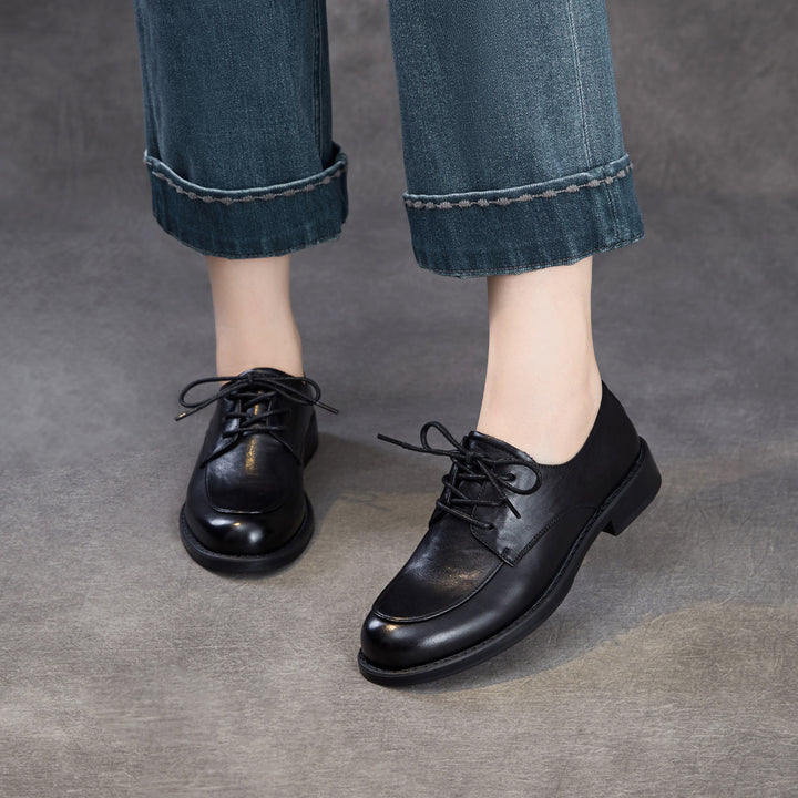 Women's Genuine Leather Oxford Shoes Retro Lace-up Round Toe Low Heel Derby Flats