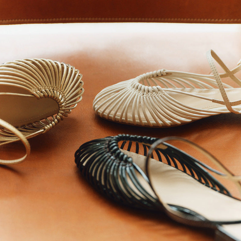 Women's Woven Strappy Sandals - Closed Pointed Toe Cage Slingback Flats Low Heel Shoes