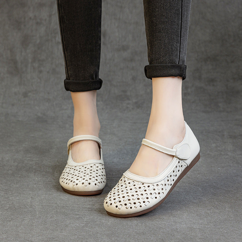 Women's Soft Leather Mary Jane Flats - Hollow Out Geometric Perforated Sandals Closed Toe Comfort Walking Shoes