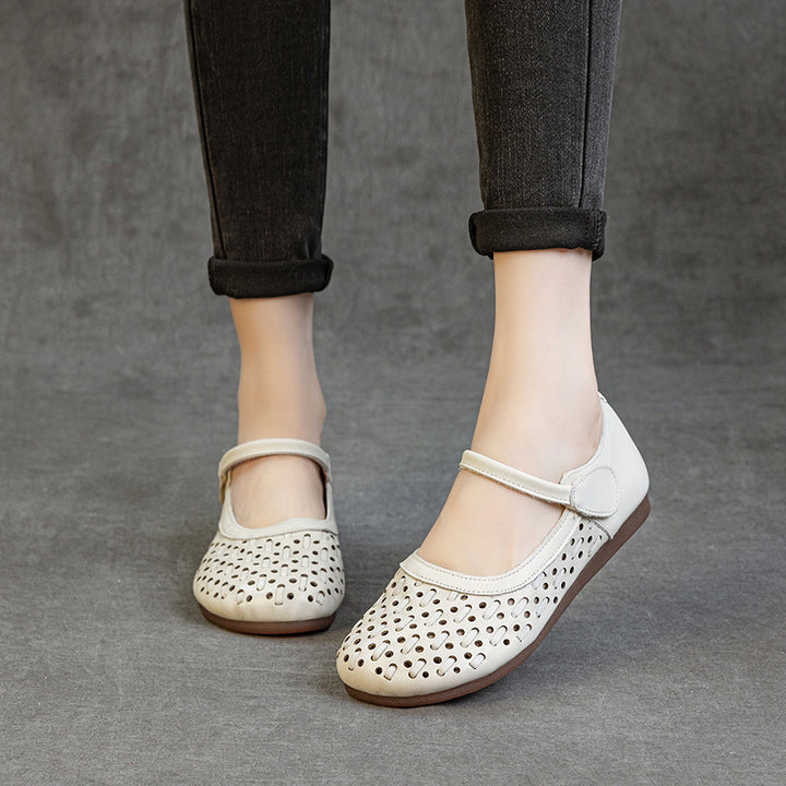 Women's Soft Leather Mary Jane Flats - Hollow Out Geometric Perforated Sandals Closed Toe Comfort Walking Shoes