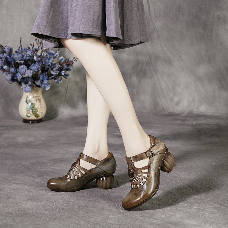 Vintage Style Women's Cut-out Leather Pumps with Sculptural Pumpkin Heel