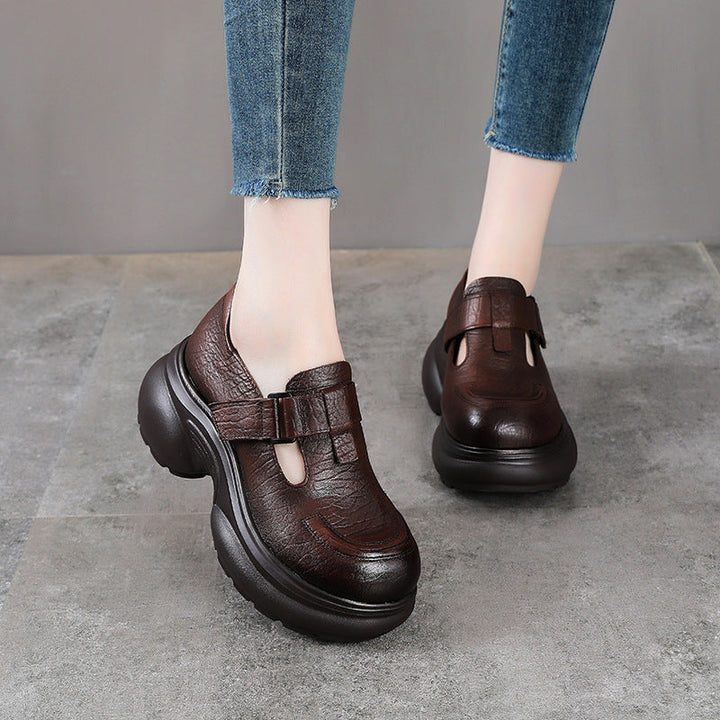 Women's Chunky Loafers - Leather Elevated Flats - Breathable Unlined Design with Velcro Strap