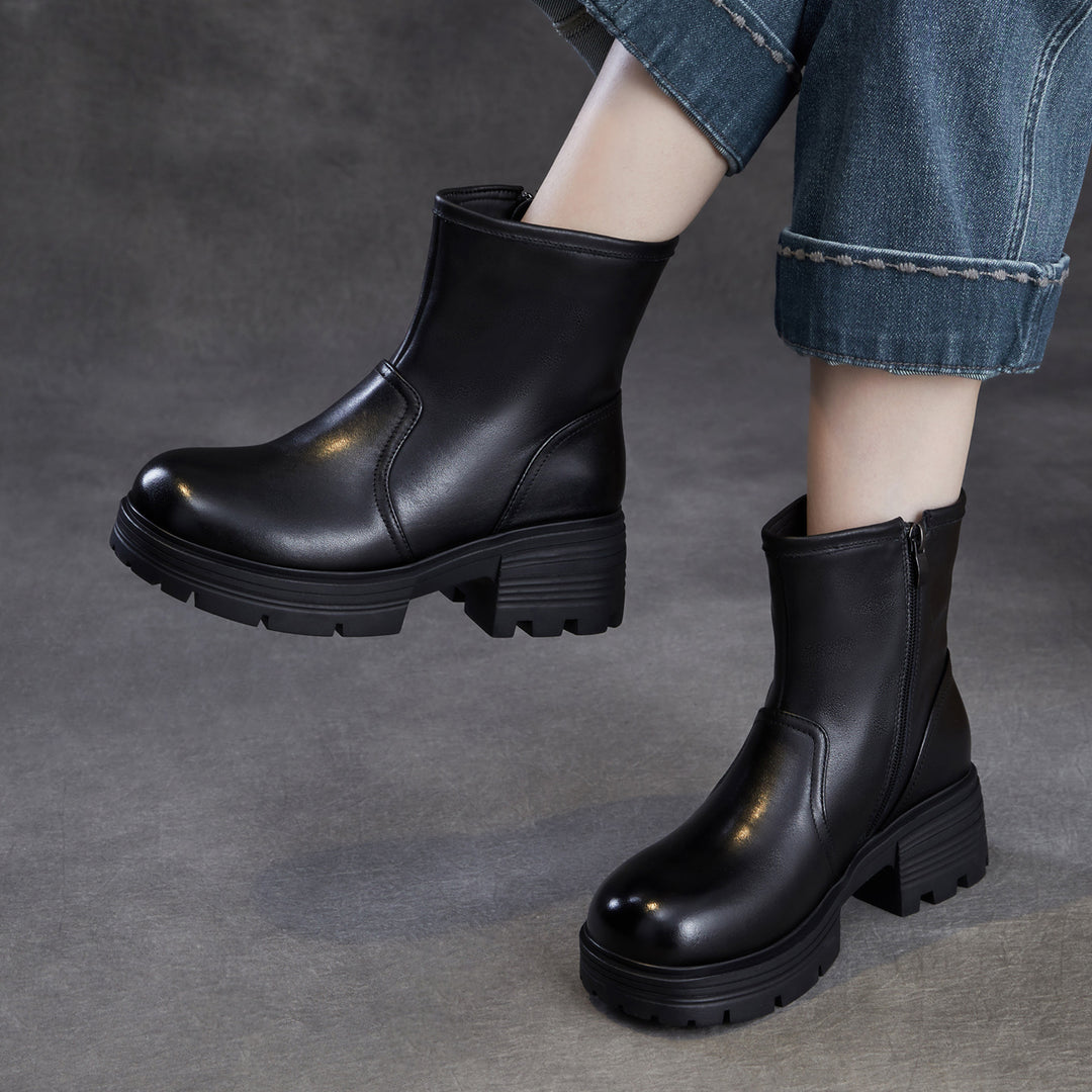 Women's Top-Grain Leather Ankle Boots Chunky Platform Block Heel Side Zipper Booties