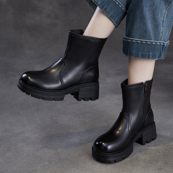 Women's Top-Grain Leather Ankle Boots Chunky Platform Block Heel Side Zipper Booties