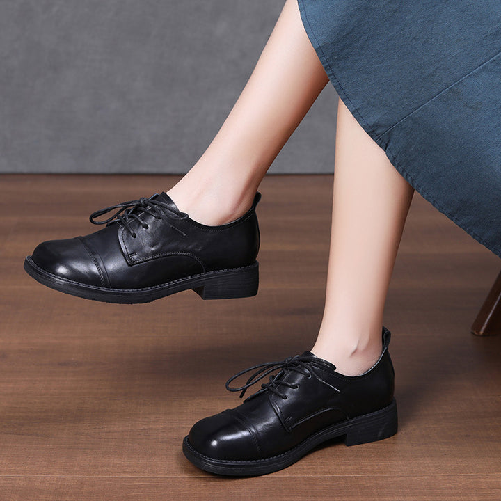Women's Retro Leather Oxford Shoes Round Toe Lace Up Derby Loafers