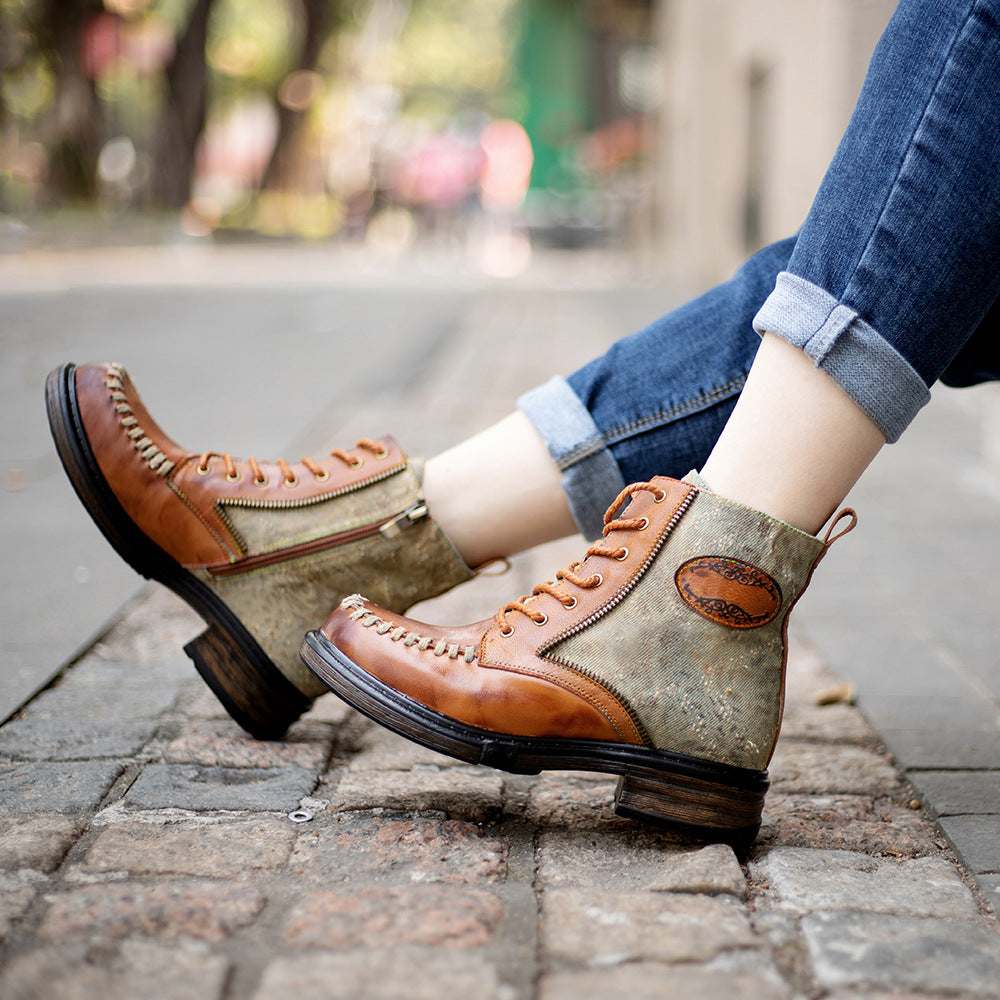 Women's Vintage Distressed Denim Sheepskin Ankle Boots Side Zipper Lace Up Combat Booties