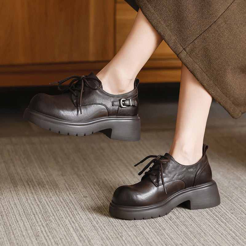 Women's Platform Genuine Leather Oxfords Buckle Lace Up Chunky Heel Shoes