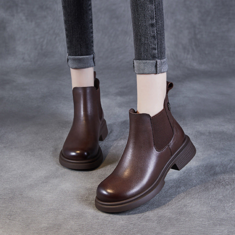 Women's Leather Short Boots – Chelsea Style Chunky Heel Comfort Shoes