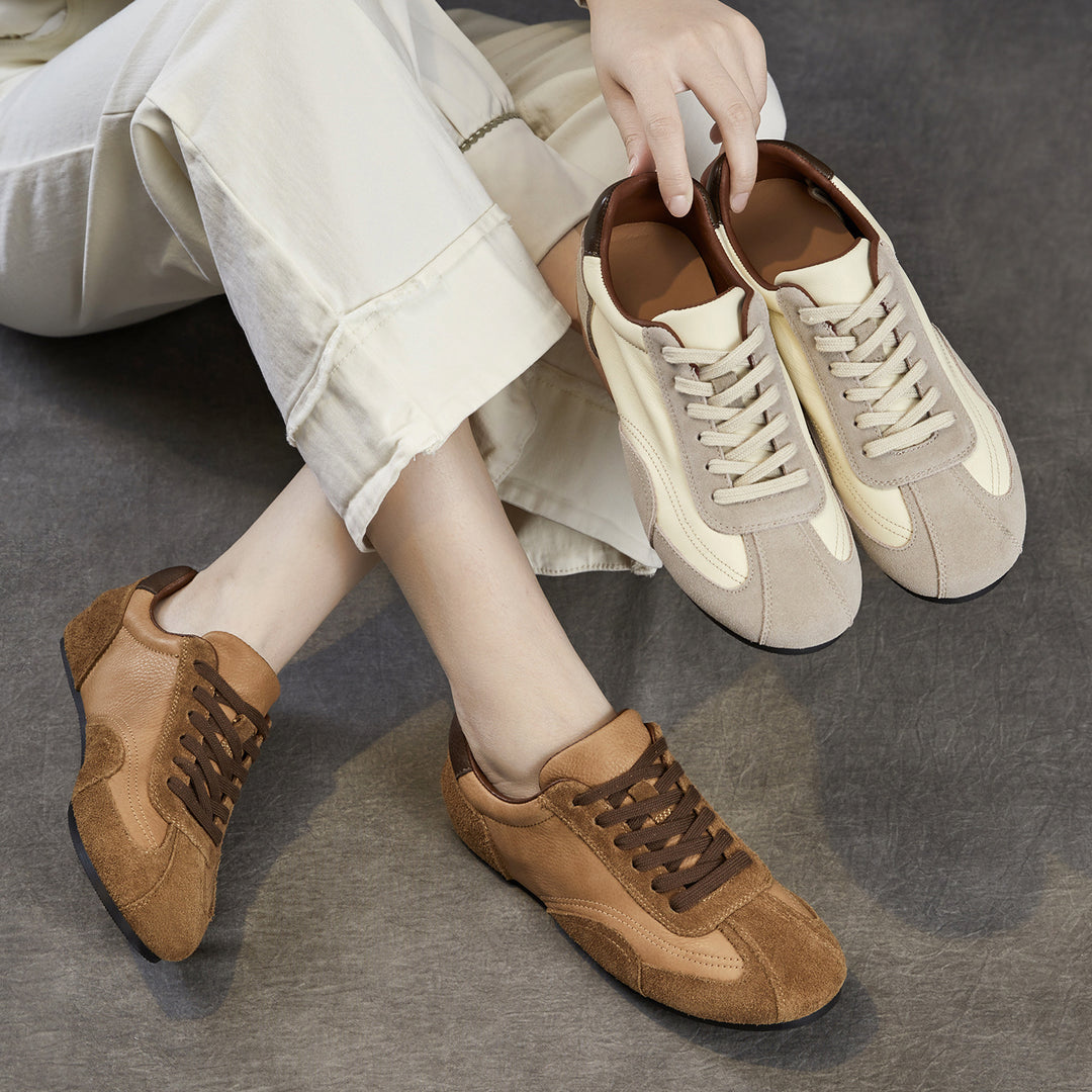 Women's Genuine Leather Retro Sneakers Vintage Lace-up Round Toe Flat Walking Shoes