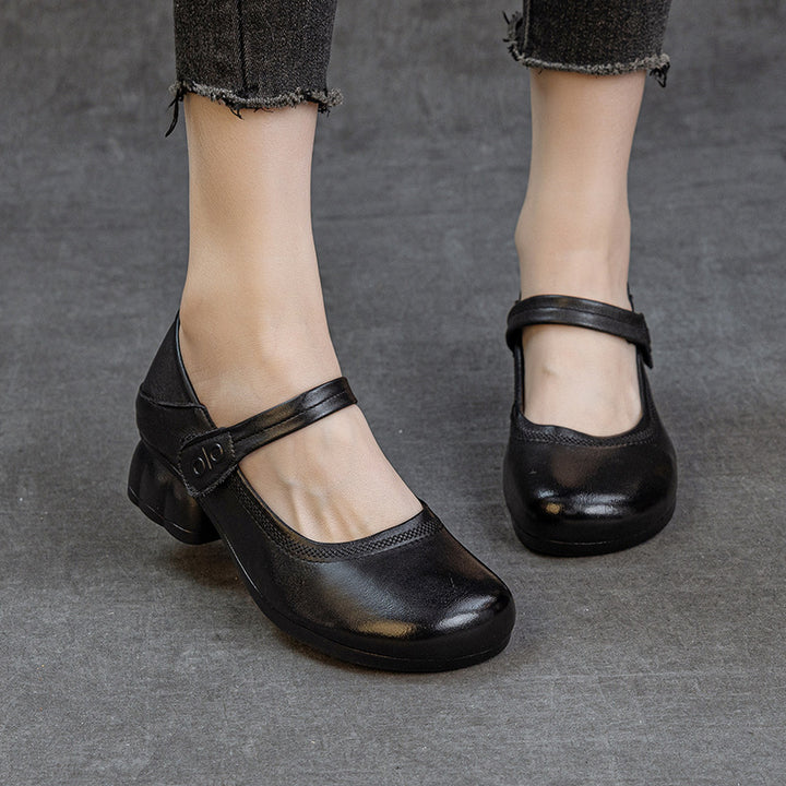 Women's Leather Mary Janes - Round Toe Vintage Instep Strap Block Chunky Heel Pumps