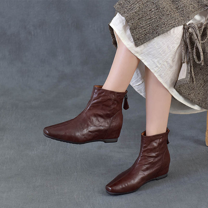 Women's Pointed Toe Top-Grain Leather Wedge Ankle Boots Mid Heel Back Zipper Booties