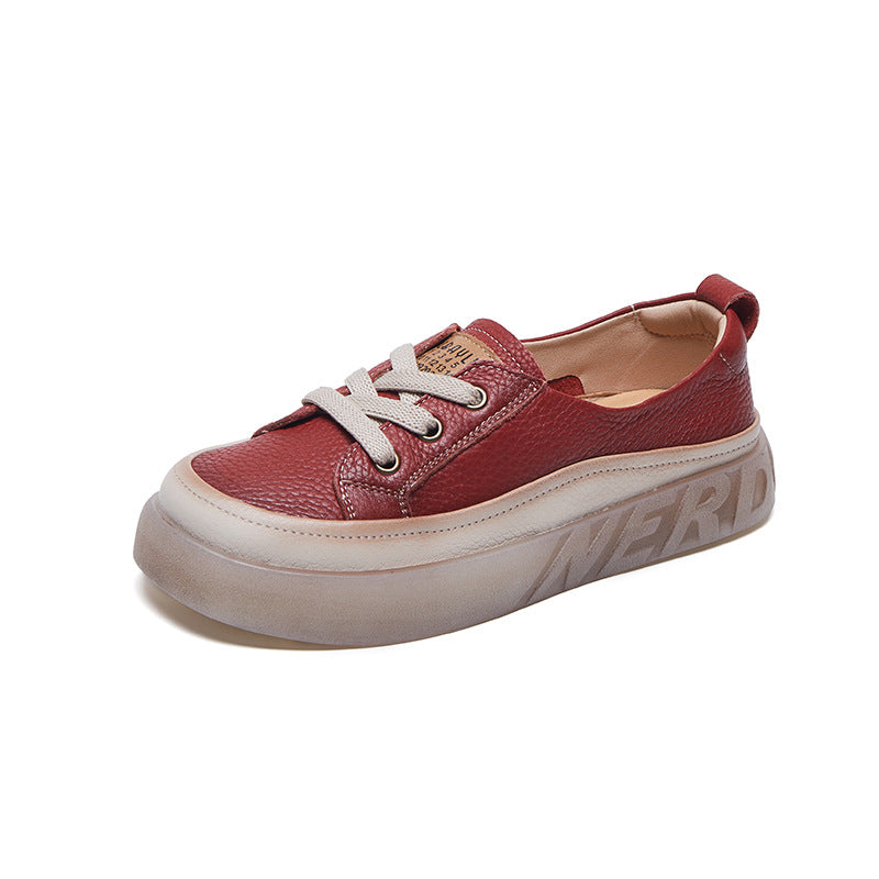 Women's Leather Casual Sneakers - Slip-On Round Toe Loafers Elastic Lace Walking Shoes