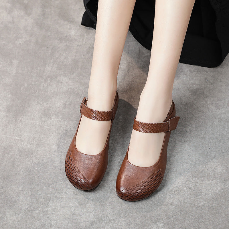 Women's Leather Mary Janes - Vintage Embossed Woven Toe Wedge Flats Comfort Walking Shoes