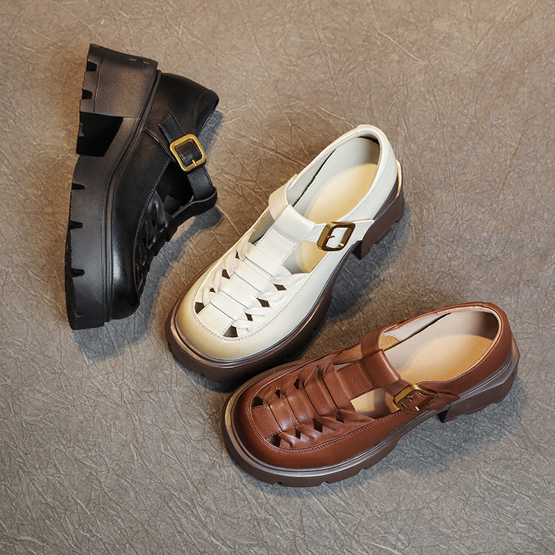 Women's Genuine Leather Fisherman Sandals - Chunky High Heel & Closed Toe Design