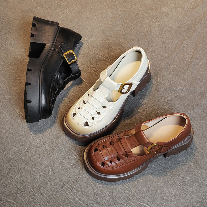 Women's Genuine Leather Fisherman Sandals - Chunky High Heel & Closed Toe Design