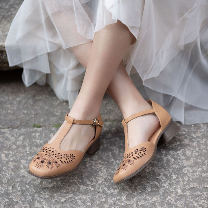 Women's Summer T-Strap Mary Janes - Floral Laser-Cut Cowhide Flats - Block Heel