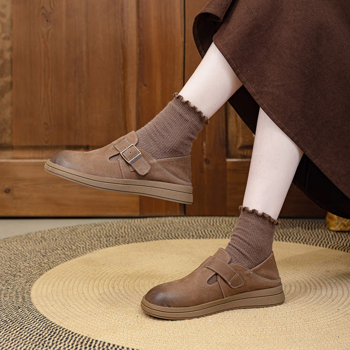 Vintage Leather Loafers - Women’s Round Toe Casual Flats with Adjustable Velcro Strap