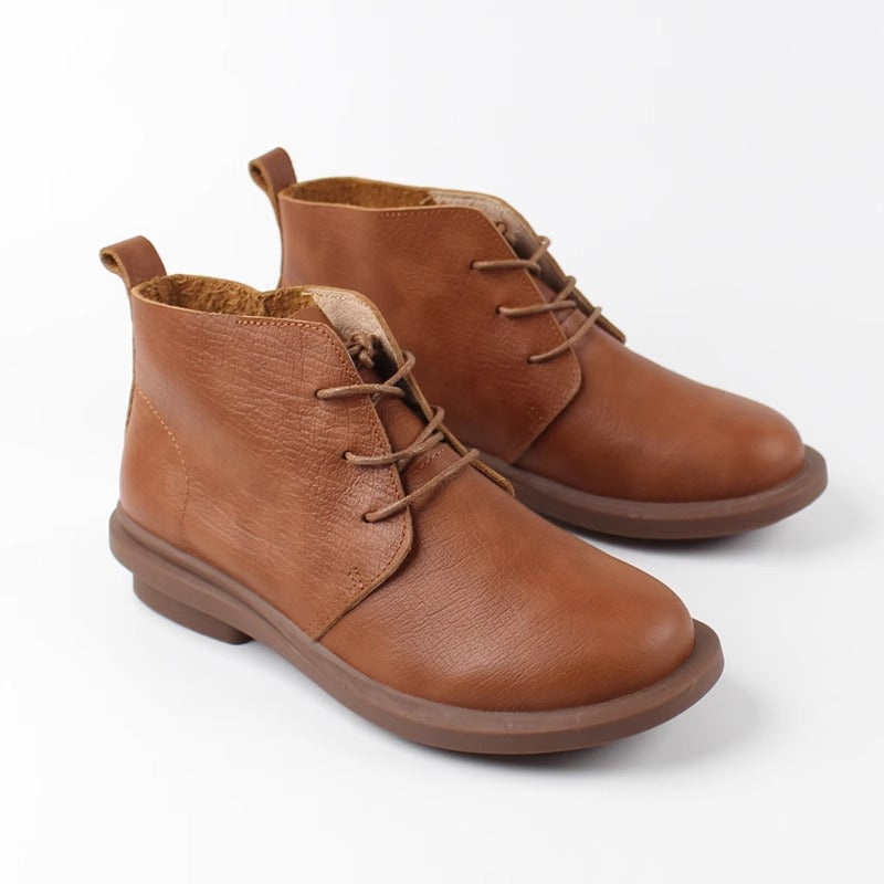 Womens Head Layer Cowhide Retro Short Boots Soft Sole Lace Up British Style Shoes