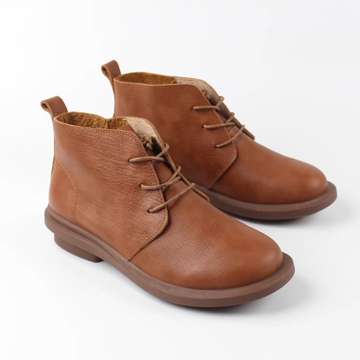 Womens Head Layer Cowhide Retro Short Boots Soft Sole Lace Up British Style Shoes