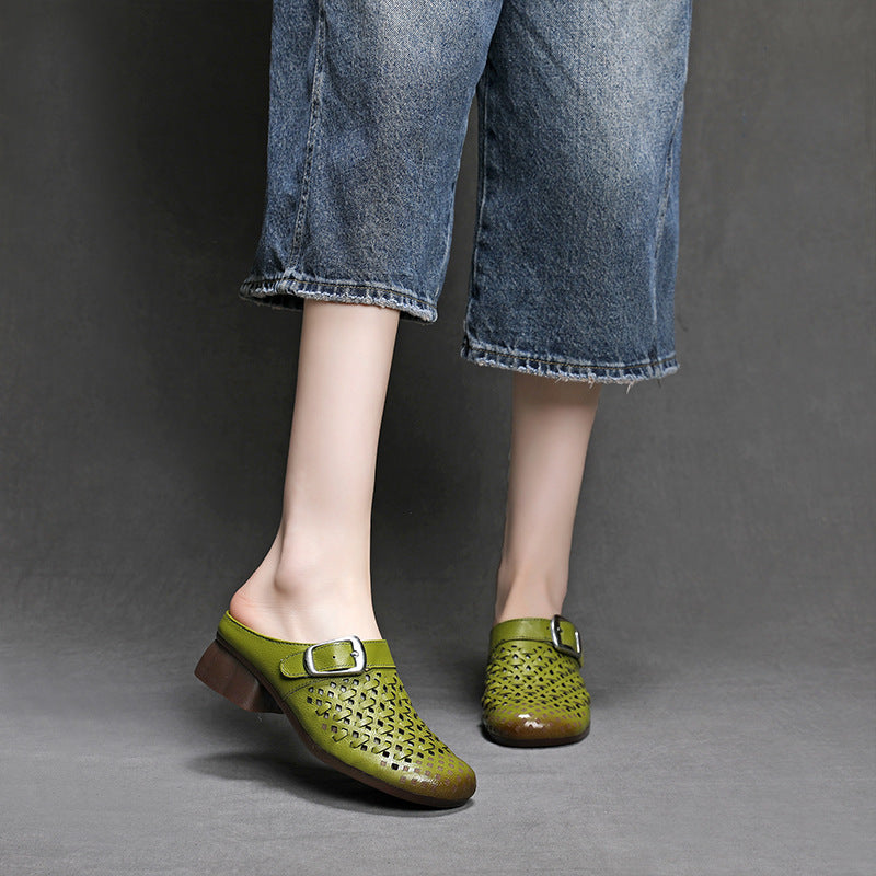 Women's Leather Woven Mules - Hollow Out Perforated Closed Toe Sandals Low Block Chunky Heel Slides with Buckle