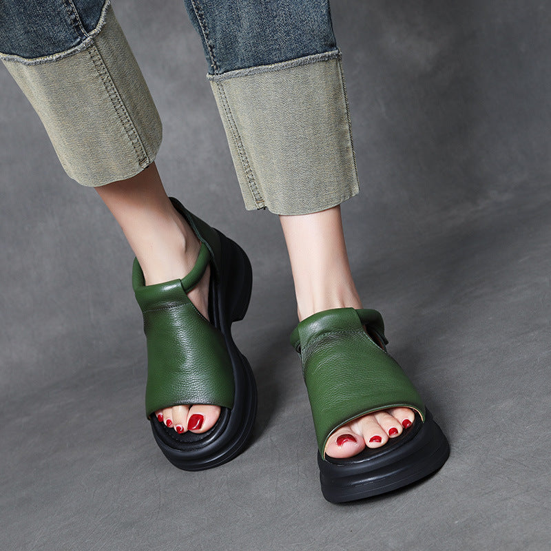 Open-toe Lightweight Leather Chunky Sandals for Women - Platform Summer Slides with Velcro Strap