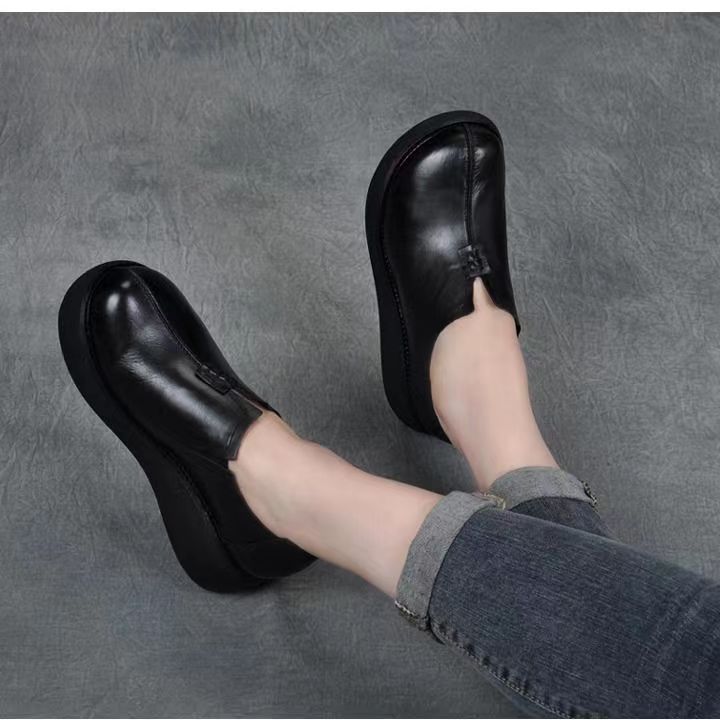 Women's Vintage Cowhide Wedge Platform Shoes Round Toe Soft Sole Slip-On Loafers