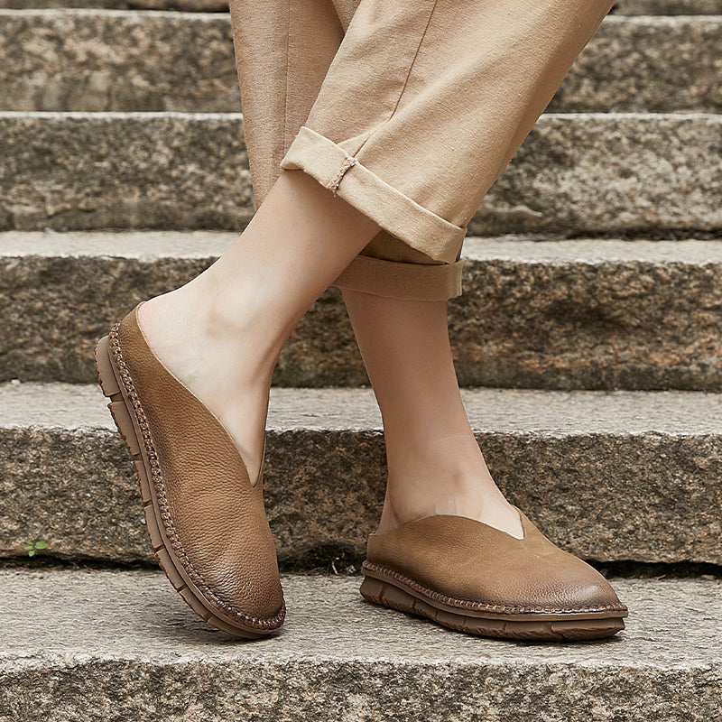Women's V-Cut Soft Leather Flat Mules – Retro Minimalist Style