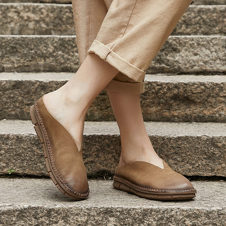 Women's V-Cut Soft Leather Flat Mules – Retro Minimalist Style
