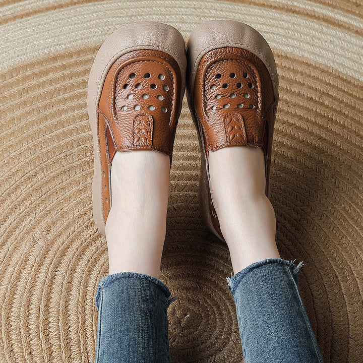 Women's Flats Vintage Hollow-Out Walking Shoes Leather Summer Loafers Retro Slip-On Platform Shoes