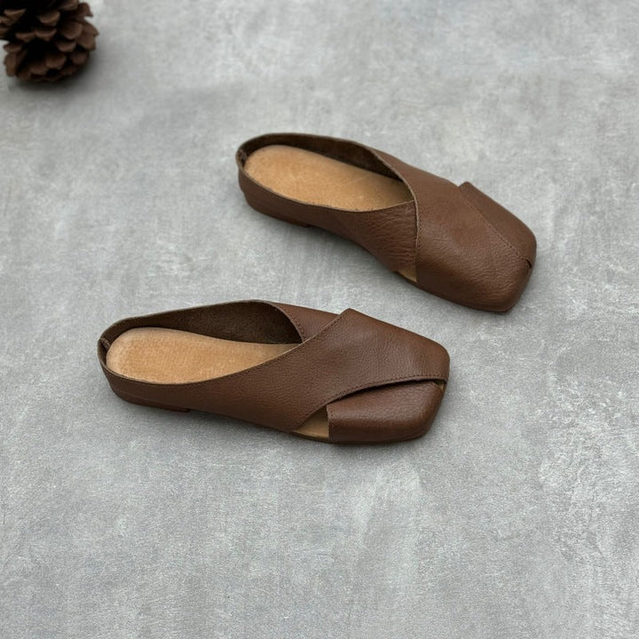 Women's Leather Retro Hollow Out Square Toe Mule Shoes