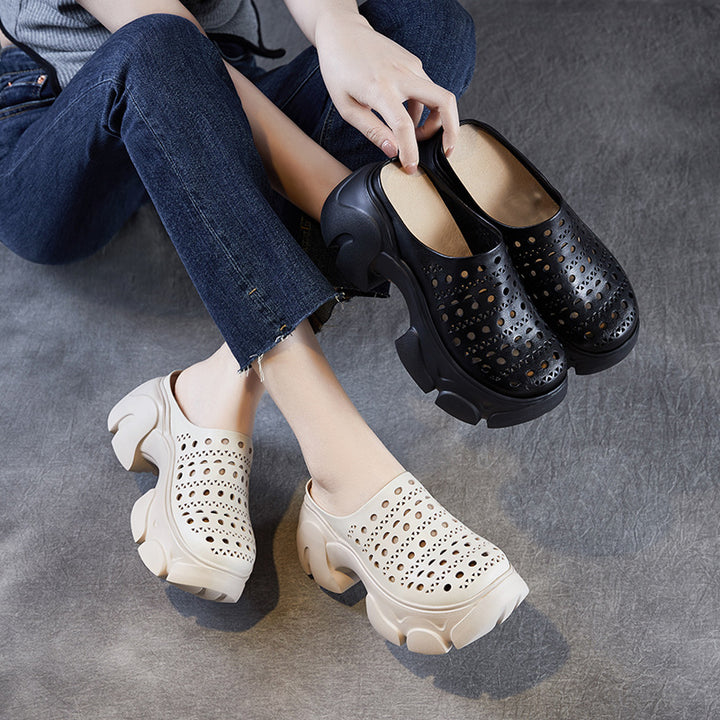 Women's Leather Platform Mules - Hollow Out Perforated Closed Round Toe Chunky Sandals Summer Slides