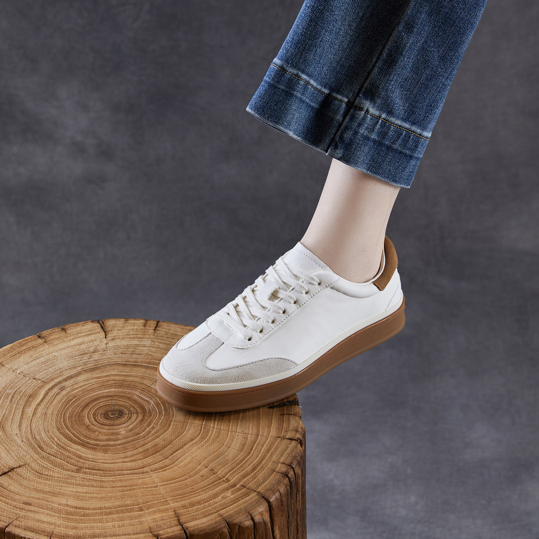 Womens Retro Cowhide Suede Patchwork Sneakers Vintage Round Toe Gum Sole Lace-up Flats