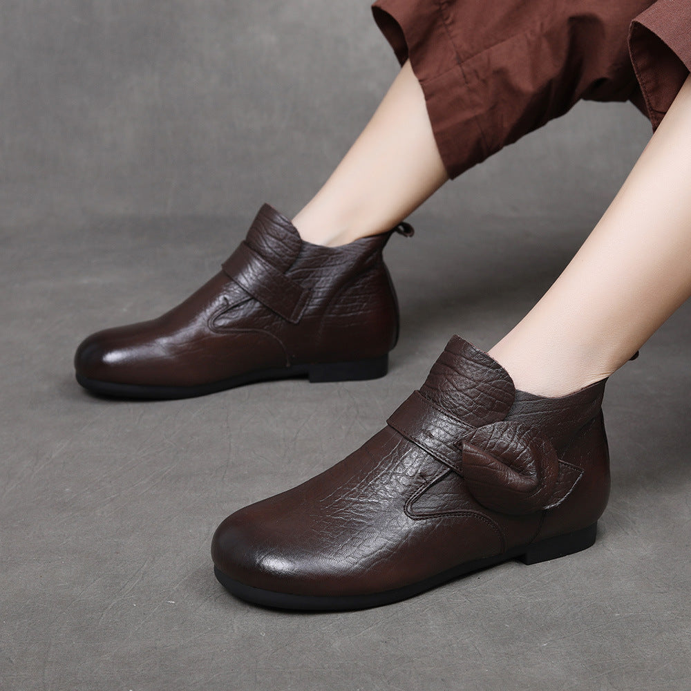 Women's Vintage Leather Ankle Boots Slip On Flat Casual Booties