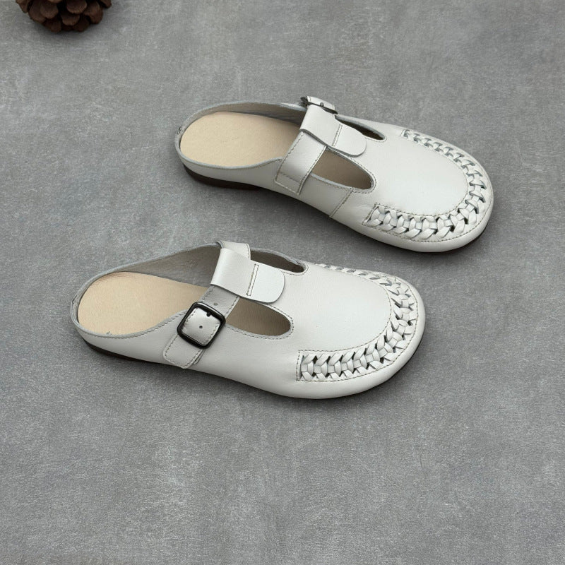 Women's T-Strap Leather Mules Retro Woven Perforated Clogs Barefoot-Friendly Casual Summer Flats