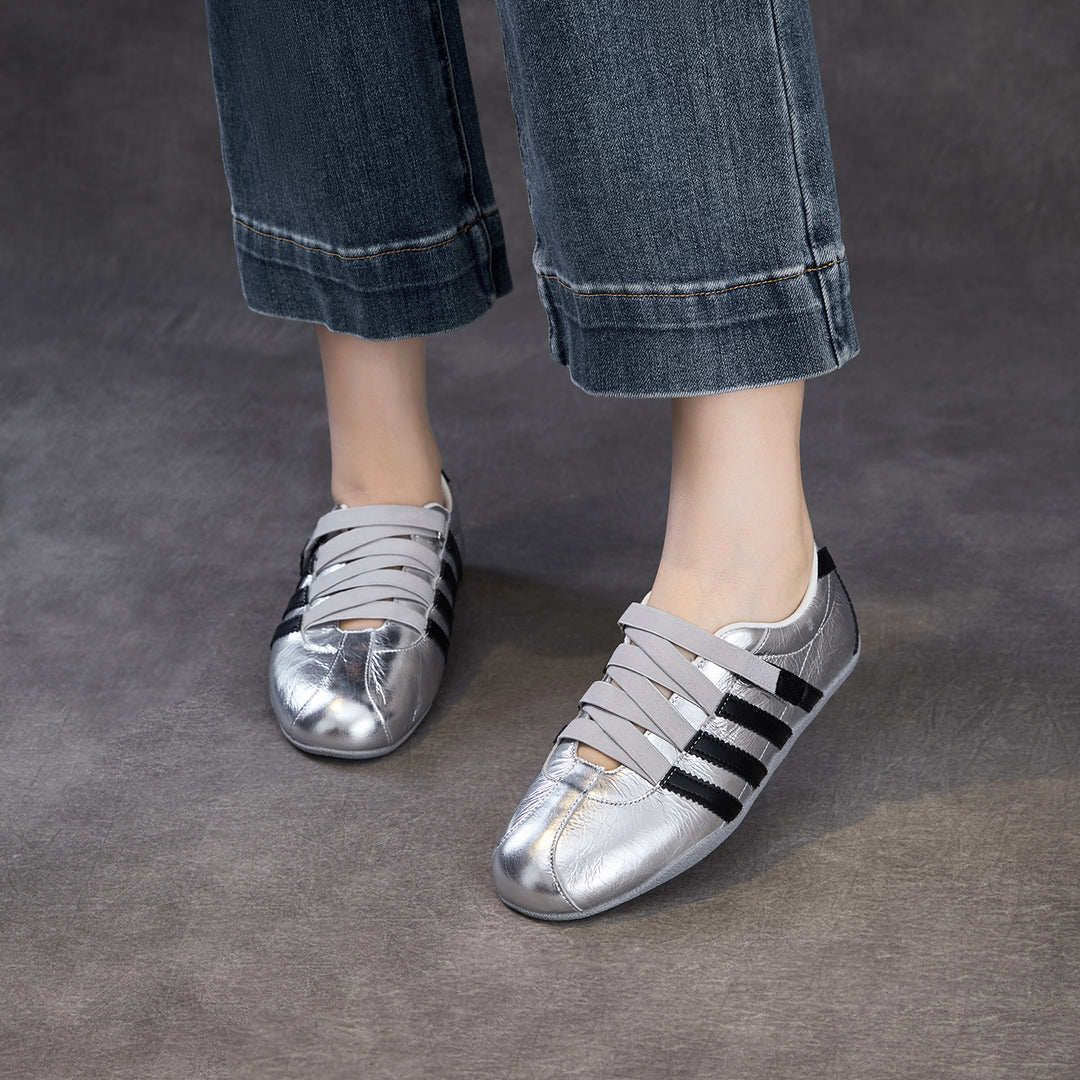 Women's Retro Cowhide Sneakers Vintage Round Toe Strappy Velcro Driving Flats