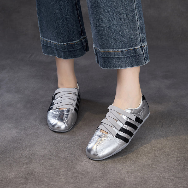 Women's Retro Cowhide Sneakers Vintage Round Toe Strappy Velcro Driving Flats