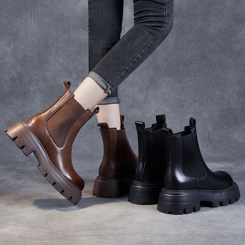 Women's Retro Genuine Leather Chelsea Boots – Chunky Platform Sole Ankle Boots