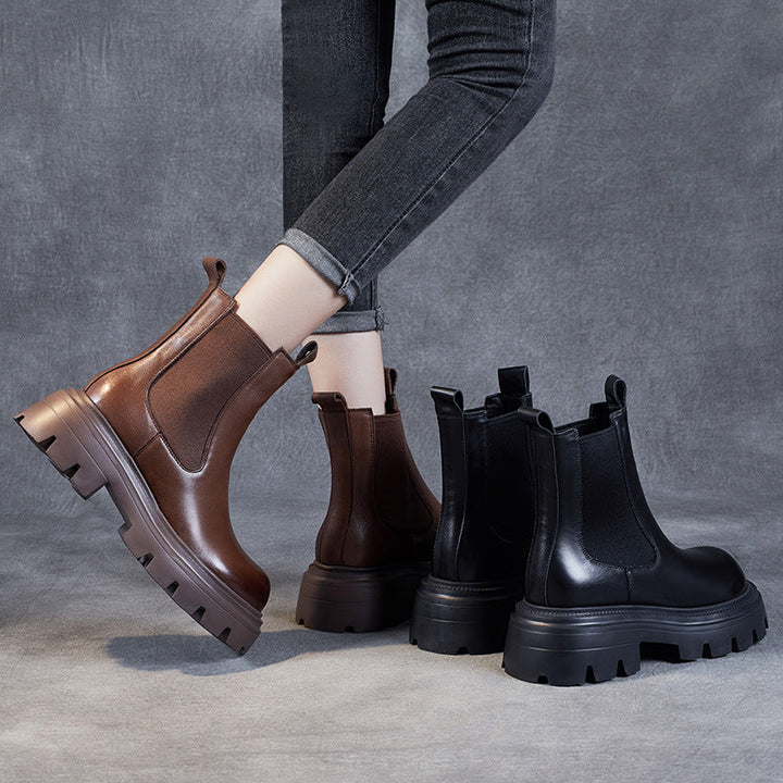Women's Retro Genuine Leather Chelsea Boots – Chunky Platform Sole Ankle Boots
