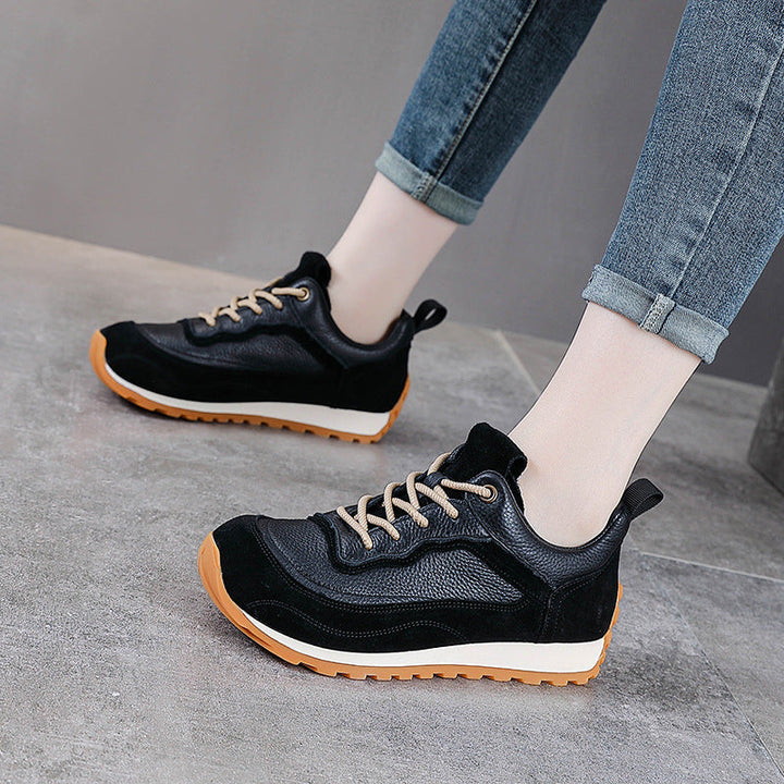 Women's Vintage-Style Mixed Texture Leather Runners - Breathable Cowhide Walking Shoes
