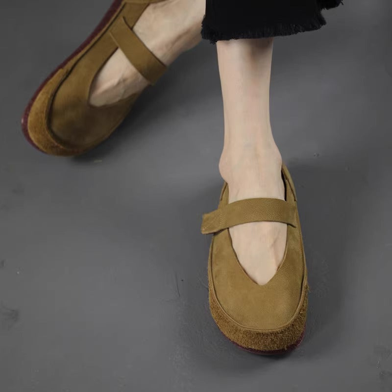 Women's Handmade Leather Patchwork V-Cut Velcro Flats