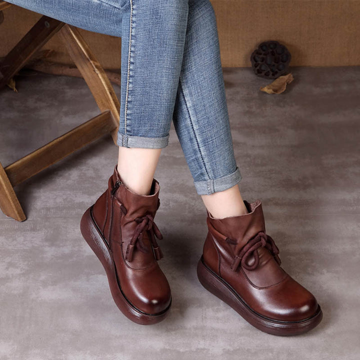 Women's Leather Ankle Boots - Platform Chunky Heel  Booties, Zipper Lace-up Fall Winter Shoes