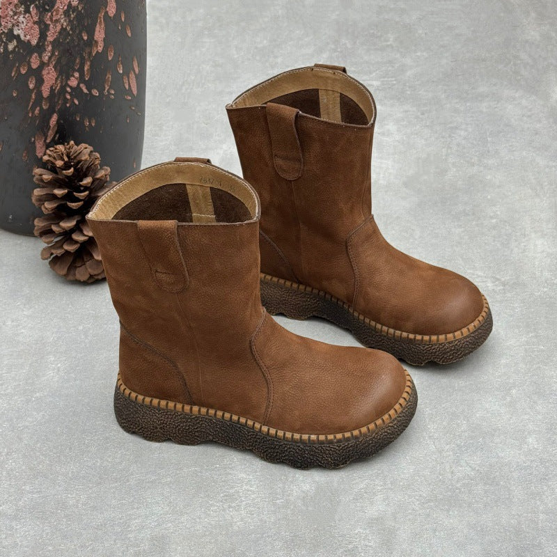 Women's Genuine Leather Mid-Calf Boots Vintage Round Toe Slip-on Winter Shoes