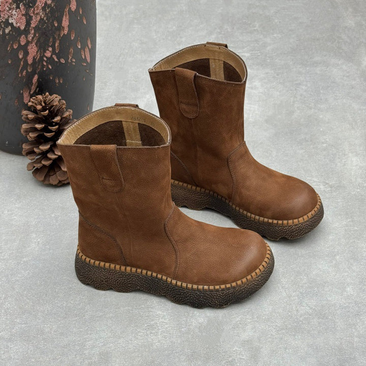 Women's Genuine Leather Mid-Calf Boots Vintage Round Toe Slip-on Winter Shoes