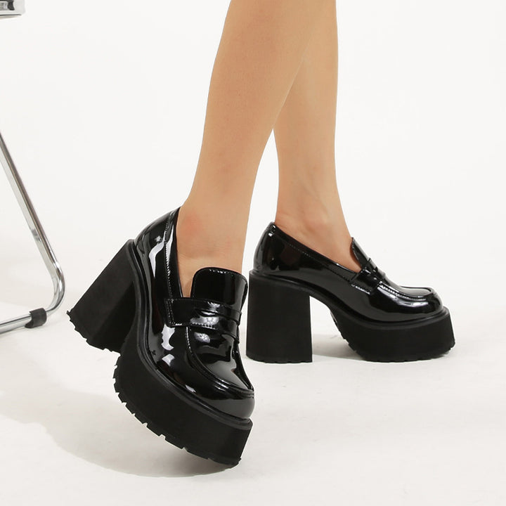 Womens Chunky Platform High Heeled Patent Leather Loafers