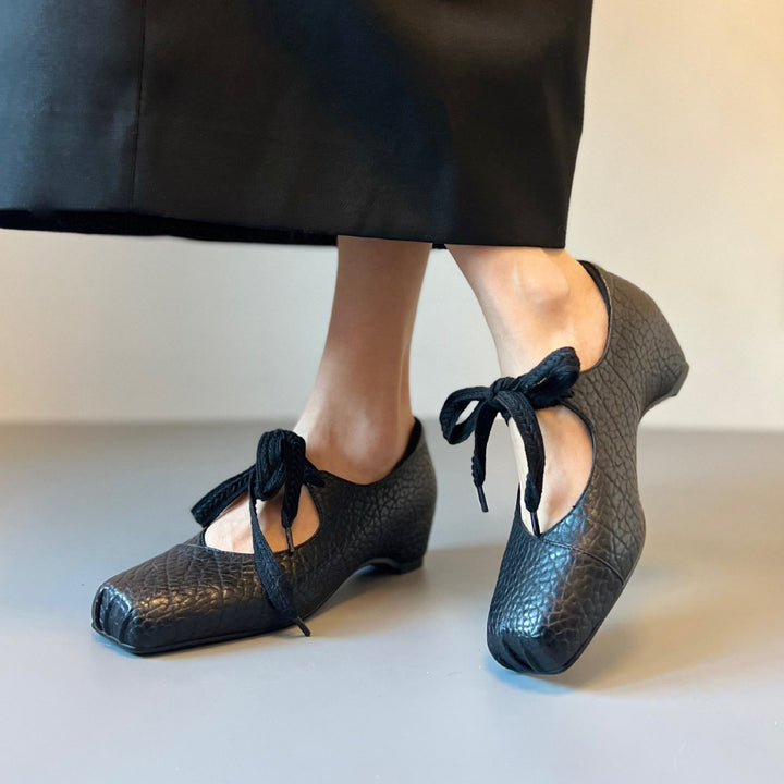 Women's Lychee Pattern Leather Ballet Flats - Square Toe Ribbon Lace-Up Mary Jane Pumps