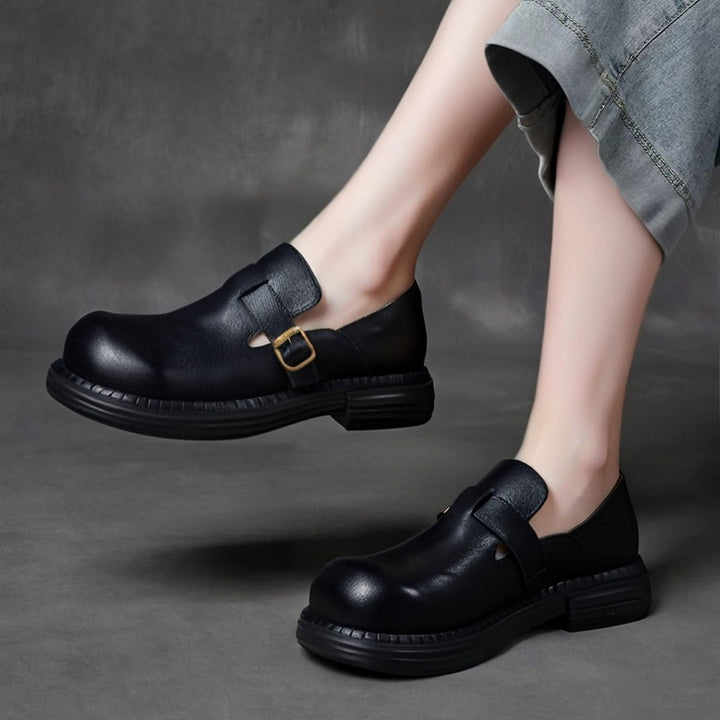 Women's Retro Top-Grain Leather Loafers Slip On Buckle Strap Casual Shoes