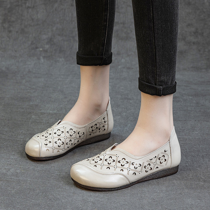Women's Soft Leather Loafers - Hollow Out V-Neck Geometric Perforated Flats Round Toe Comfort Walking Shoes