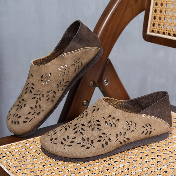 Women's Leather Loafers - Cut-Out Leaf Perforated Flat Sandals Casual Slip-On Summer Shoes