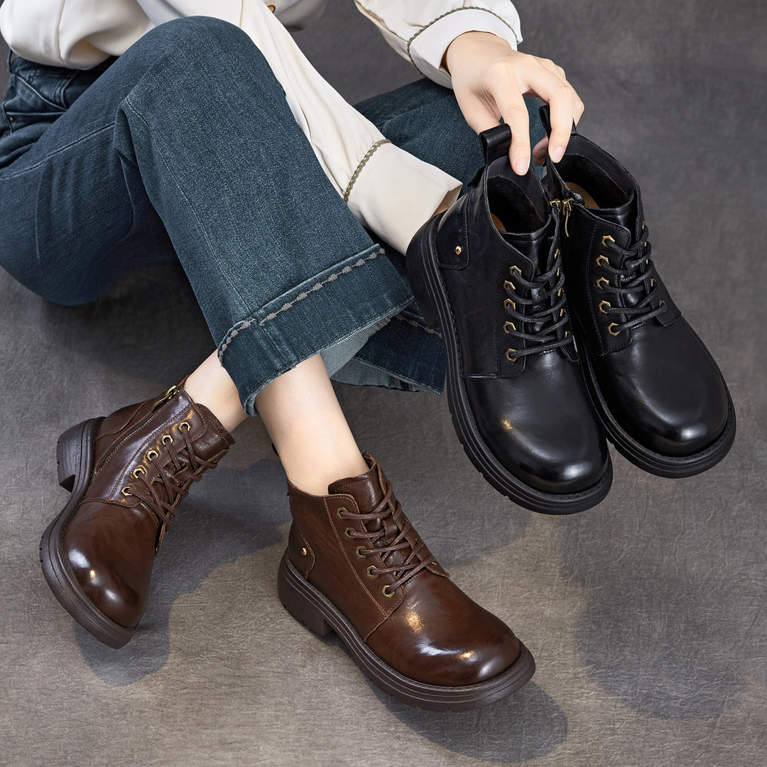 Women's Leather Winter Combat Ankle Boots Soft Lined Lace-up Walking Booties